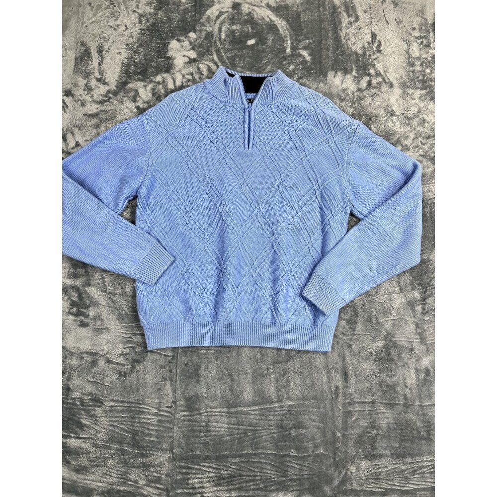 Alan Flusser Golf Argyle Light Blue Quarter-Zip Sweater Mens M Cotton Blend
